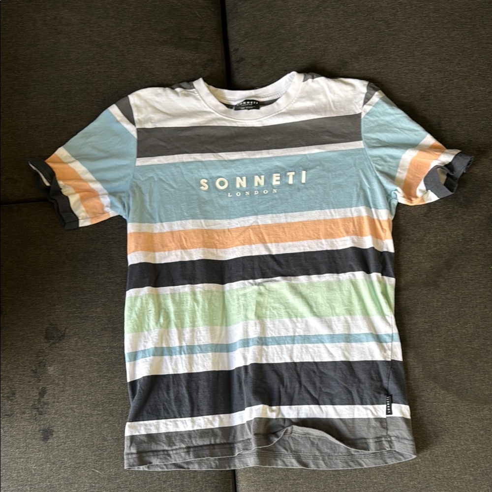 Vibrant Blue and Orange Short Sleeve Tee with Stripes